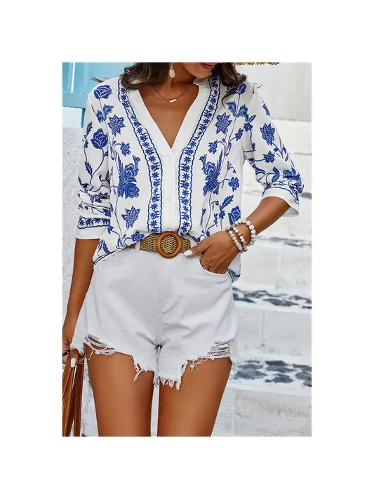 Floral Print Deep V Loose Fit Long Sleeves Blouse