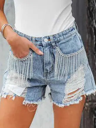 Chain Tassel Ripped Denim Shorts