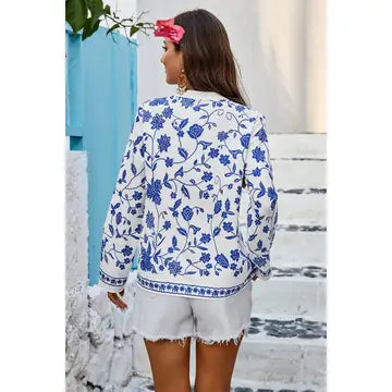 Floral Print Deep V Loose Fit Long Sleeves Blouse