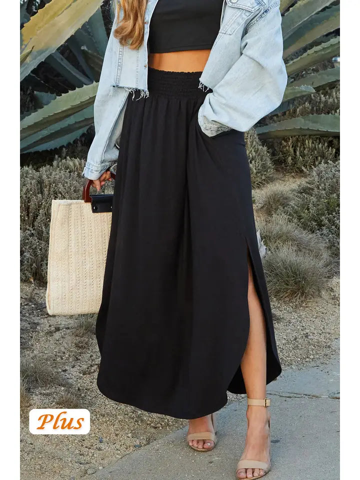 Smoked Waist Side Slits Maxi Skirts