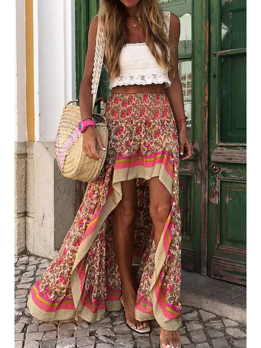 Floral Printed Ruffle Maxi Skirt - Hi/Low