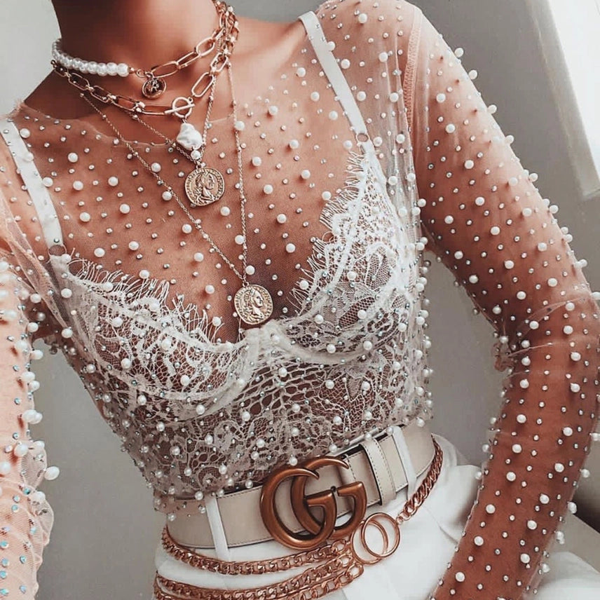 Pearl Rhinestone Studded Sheer Mesh See Through Top