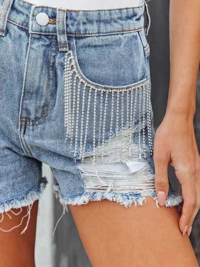 Chain Tassel Ripped Denim Shorts